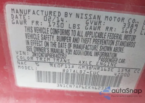 2014 Nissan Versa 1.6 S/1.6 S+/1.6 Sl/1.6 Sv z USA, uszkodzony, nr VIN 3N1CN7AP6EK462357